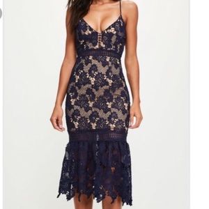 Missguided Navy Fishtail Lace Midi Dress